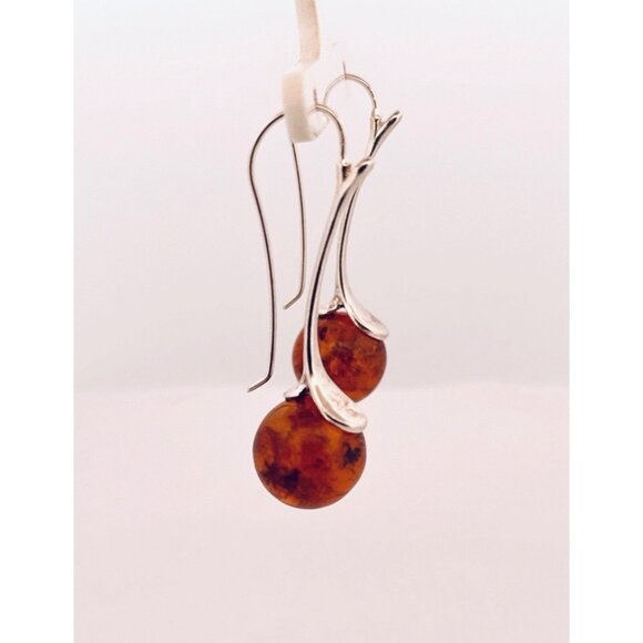 Estate Sterling Silver 925 Amber Ball Drop Dangle Earrings Modern Art Deco 6.5g - Picture 2 of 8